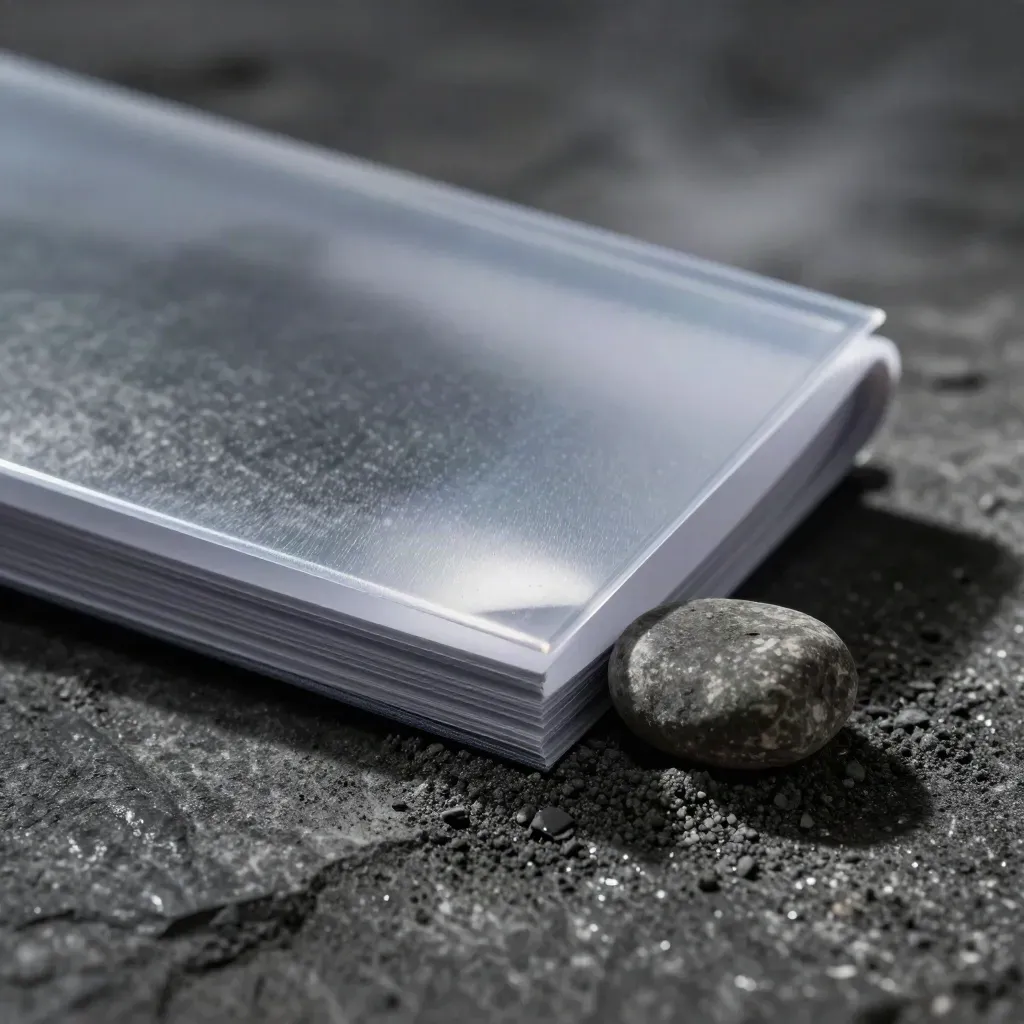 Charcoal report booklet in a translucent sleeve emerging from damp stone dust with a slate pebble weight.