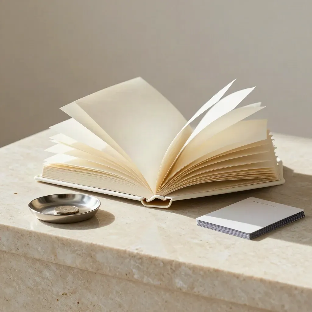 Ivory cash flow planner binder with coin dish and folded card packet on pale stone.