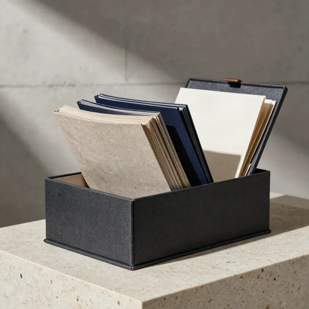 Charcoal archival box with rising interview zines and linen insert on travertine, lit from upper left.