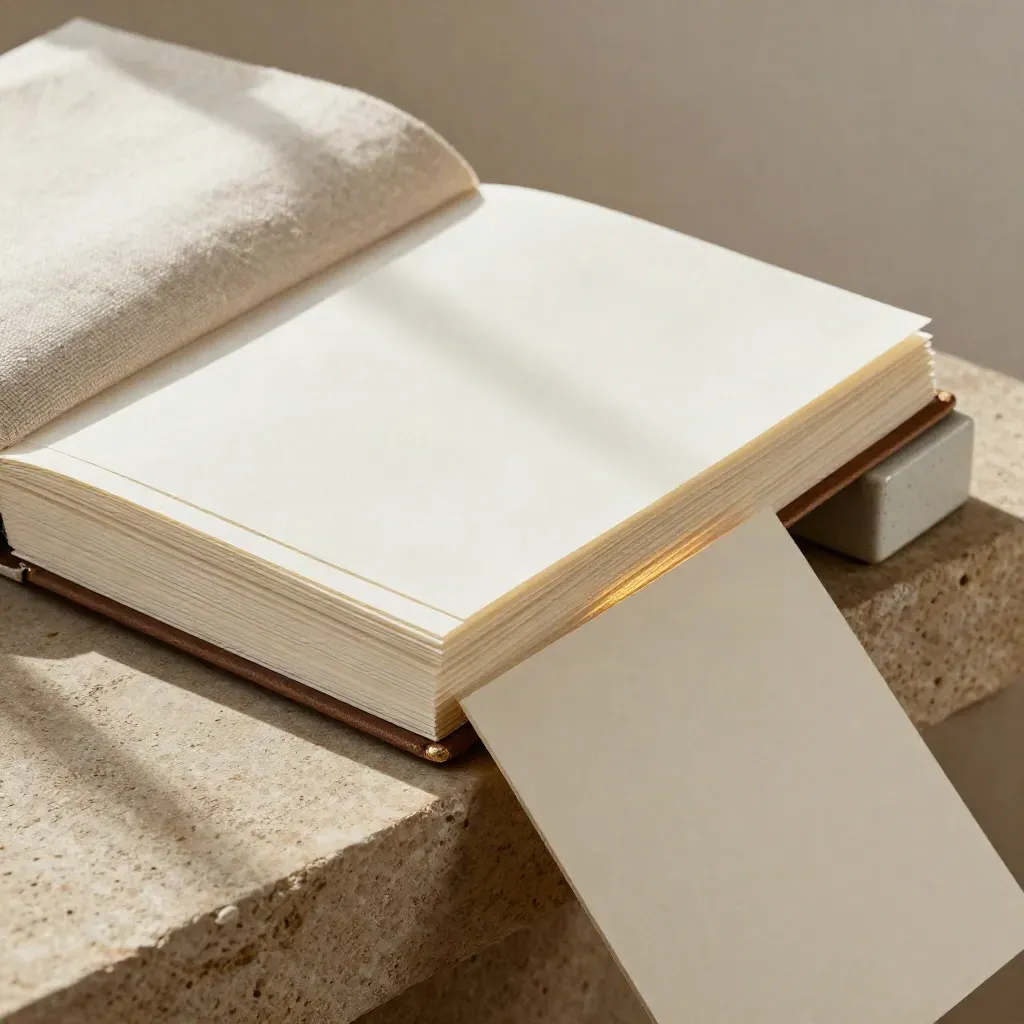 Ivory folio with blank swatch cards, cloth divider and ceramic block on a stone ledge in soft daylight