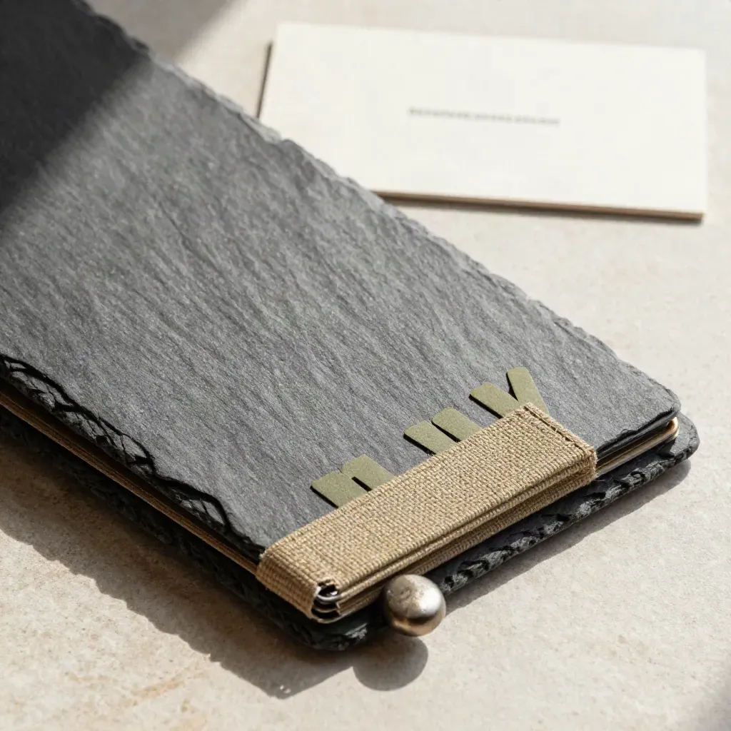 Slate pitch-deck folder with linen band and tab dividers, lit in a crisp macro editorial close-up.