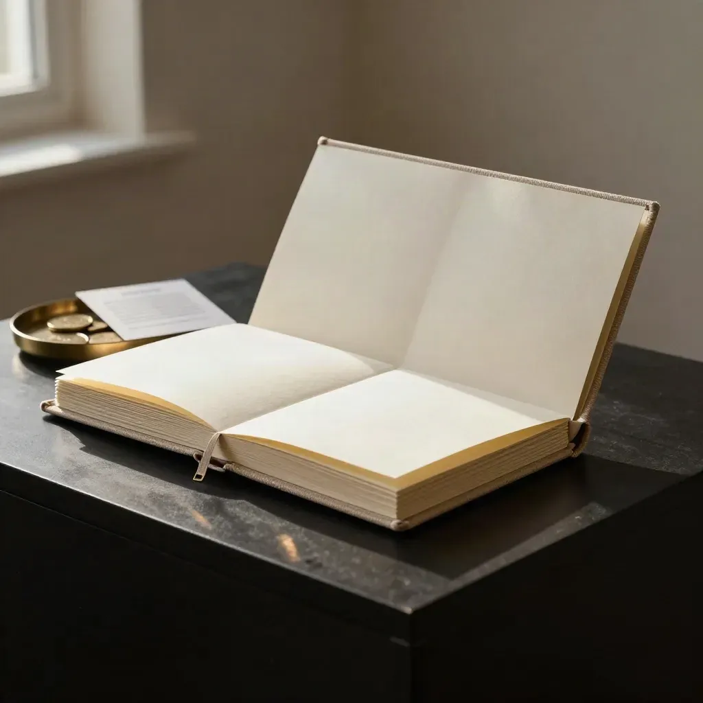 Cream planner folio with coin tray, folded inserts and stone wedge on a matte-black surface.