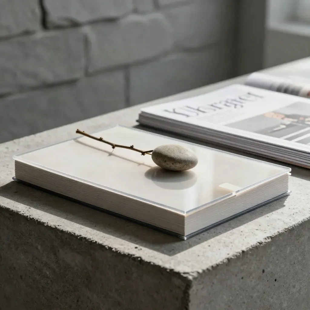 Acetate-covered market report on concrete with a pebble and dried stem, softly lit