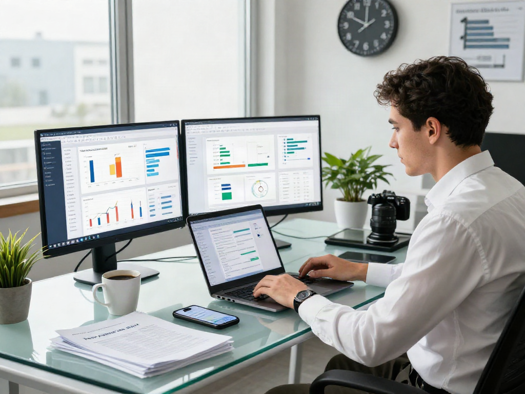 Data analyst using document fraud detection software in a modern office space with dual monitors displaying analytics.